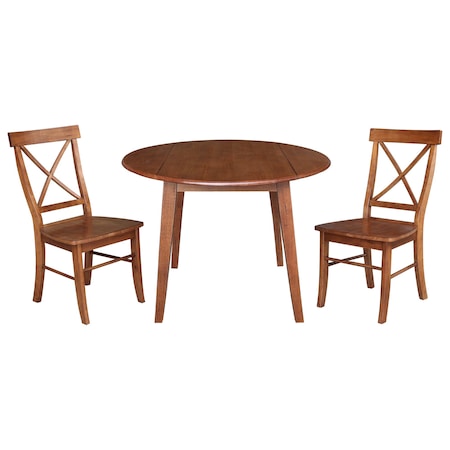 International Concepts 42 in. Solid Wood Round Dual Drop Leaf Dining Table with 2 Chairs in Distressed Oak K42-42DL-C613-2